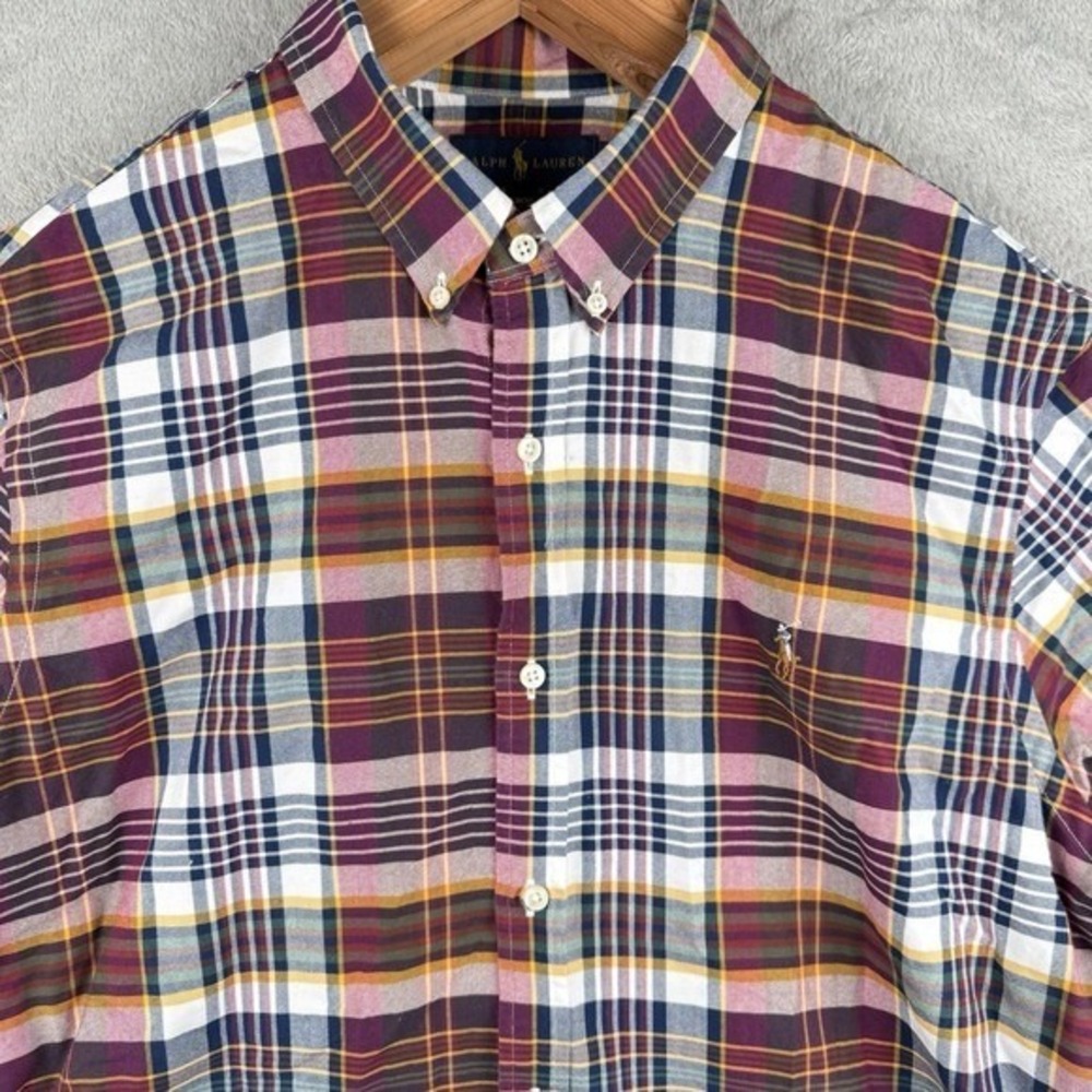 Ralph Lauren Slim Fit Button Down S/S Shirt Mens XXL Burgundy Plaid Flesh Pony